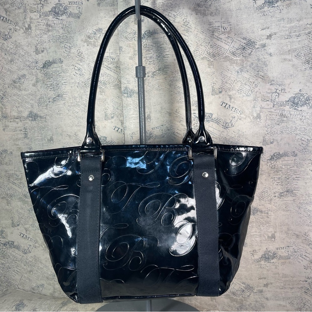 Ted Baker Black Faux Patent Leather Tote Bag Gold Hardware Large Shoulder Bag